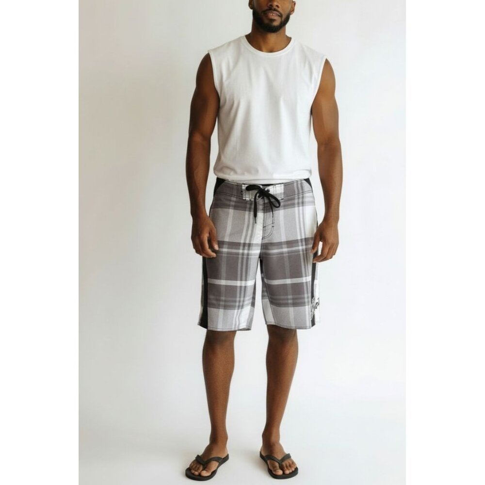 ONeill Plaid Board Shorts Surf Beach Swim Trunks Gray White Black Size 34
